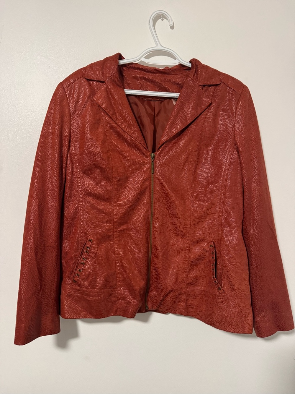 Women’s burnt orange Faux Leather Zip Front Jacket Tanjay